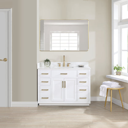 Gavino 48" Single Bathroom Vanity in White with Grain White Engineered Stone Countertop with Mirror