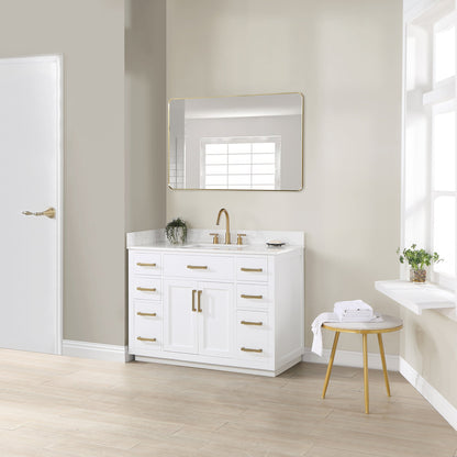 Gavino 48" Single Bathroom Vanity in White with Grain White Engineered Stone Countertop with Mirror