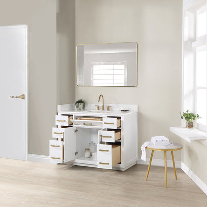 Gavino 48" Single Bathroom Vanity in White with Grain White Engineered Stone Countertop with Mirror