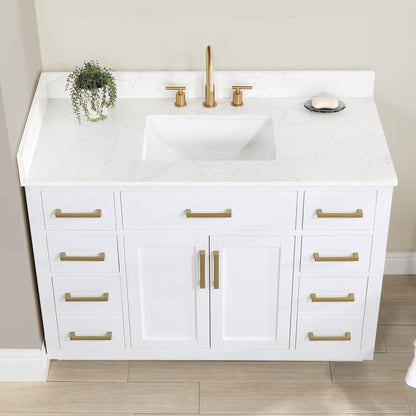 Gavino 48" Single Bathroom Vanity in White with Grain White Engineered Stone Countertop with Mirror