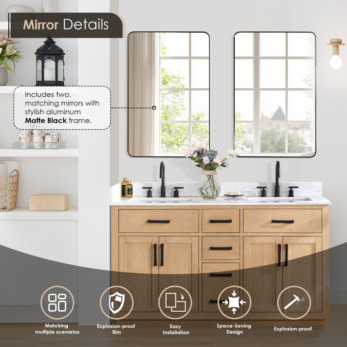Gavino 60" Double Bathroom Vanity in Light Brown with Grain White Engineered Stone Countertop with Mirror