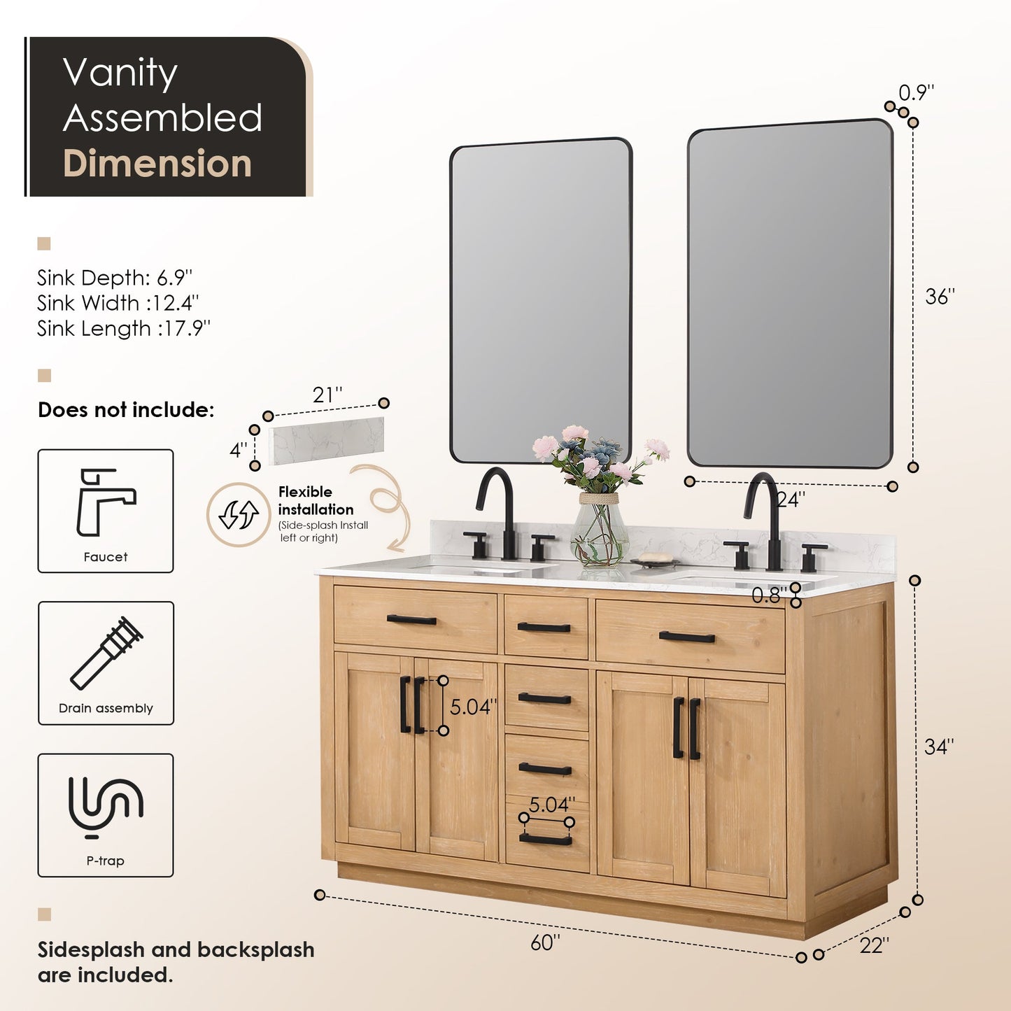 Gavino 60" Double Bathroom Vanity in Light Brown with Grain White Engineered Stone Countertop with Mirror