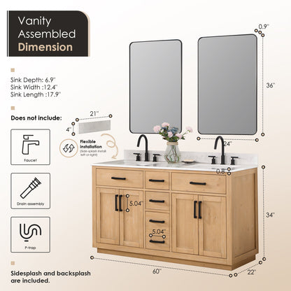 Gavino 60" Double Bathroom Vanity in Light Brown with Grain White Engineered Stone Countertop with Mirror