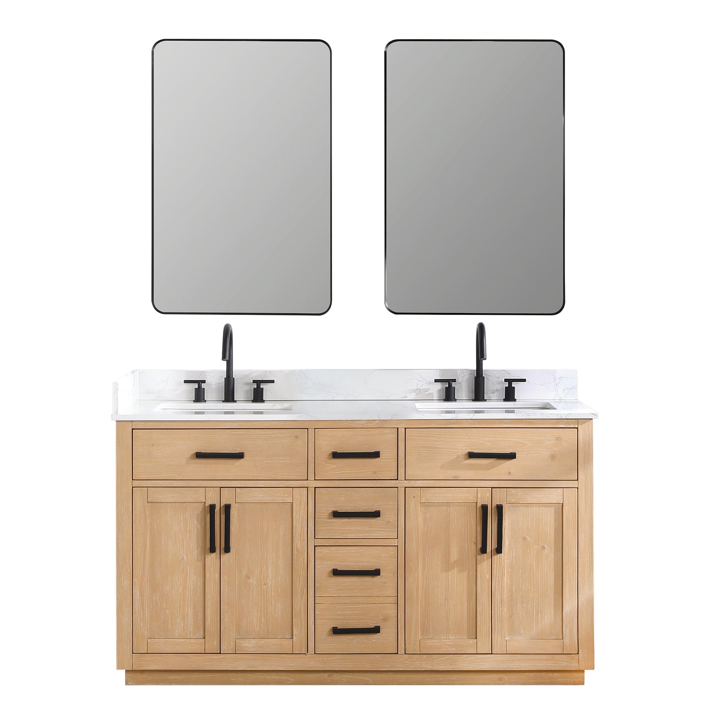 Gavino 60" Double Bathroom Vanity in Light Brown with Grain White Engineered Stone Countertop with Mirror