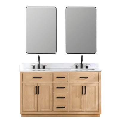 Gavino 60" Double Bathroom Vanity in Light Brown with Grain White Engineered Stone Countertop with Mirror