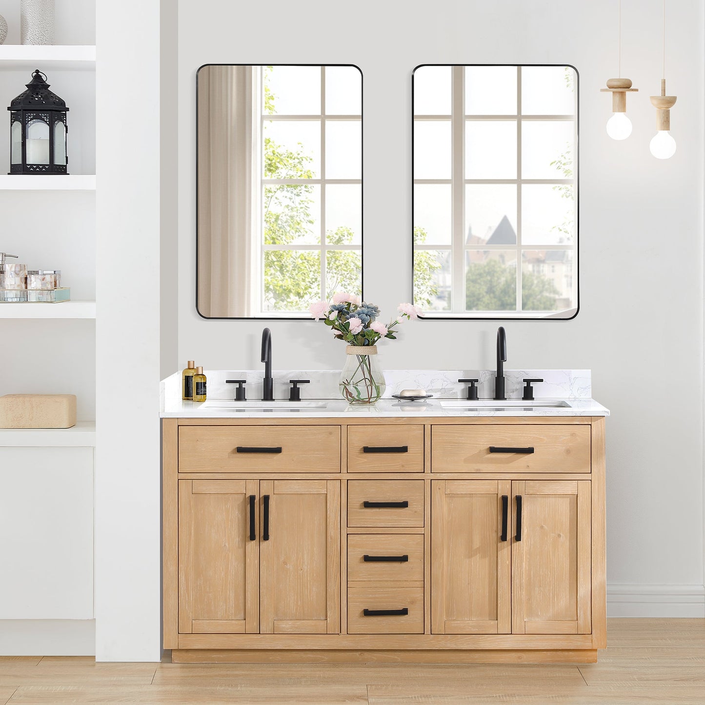 Gavino 60" Double Bathroom Vanity in Light Brown with Grain White Engineered Stone Countertop with Mirror