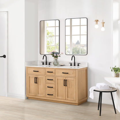 Gavino 60" Double Bathroom Vanity in Light Brown with Grain White Engineered Stone Countertop with Mirror