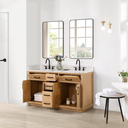 Gavino 60" Double Bathroom Vanity in Light Brown with Grain White Engineered Stone Countertop with Mirror