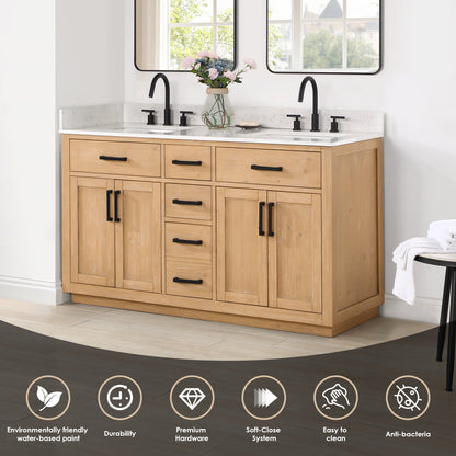 Gavino 60" Double Bathroom Vanity in Light Brown with Grain White Engineered Stone Countertop with Mirror