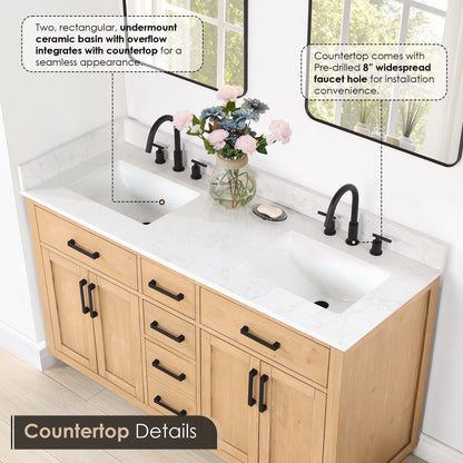 Gavino 60" Double Bathroom Vanity in Light Brown with Grain White Engineered Stone Countertop with Mirror