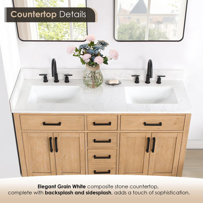 Gavino 60" Double Bathroom Vanity in Light Brown with Grain White Engineered Stone Countertop with Mirror