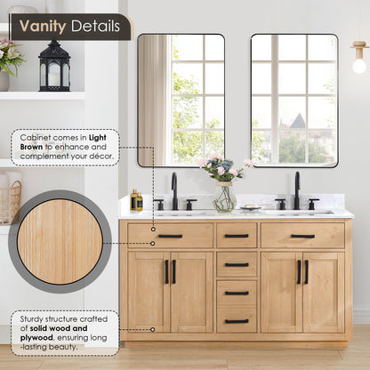 Gavino 60" Double Bathroom Vanity in Light Brown with Grain White Engineered Stone Countertop with Mirror