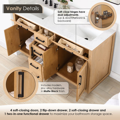 Gavino 60" Double Bathroom Vanity in Light Brown with Grain White Engineered Stone Countertop with Mirror