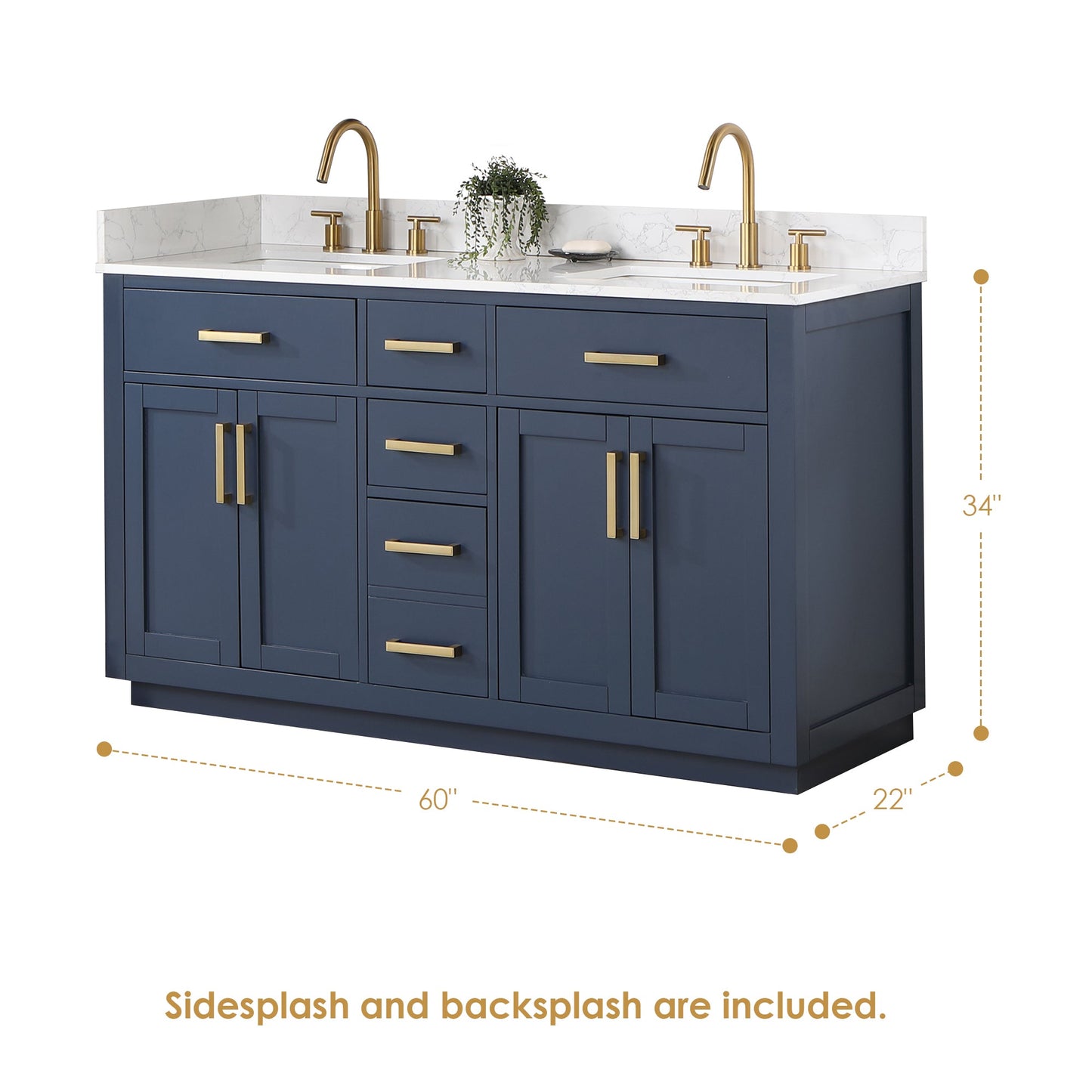 Gavino 60" Double Bathroom Vanity in Royal Blue with Grain White Engineered Stone Countertop without Mirror