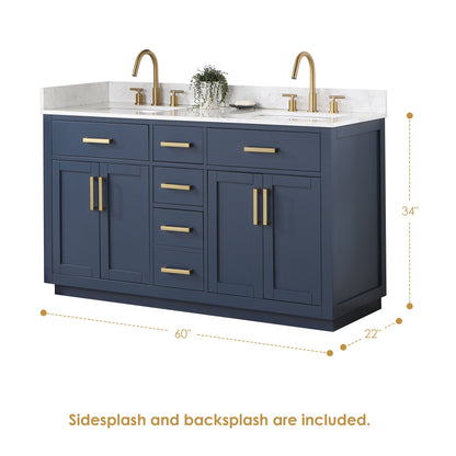 Gavino 60" Double Bathroom Vanity in Royal Blue with Grain White Engineered Stone Countertop without Mirror