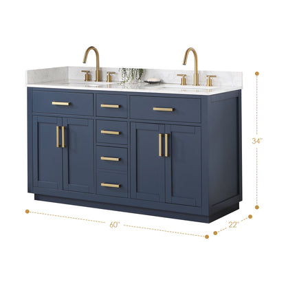 Gavino 60" Double Bathroom Vanity in Royal Blue with Grain White Engineered Stone Countertop without Mirror