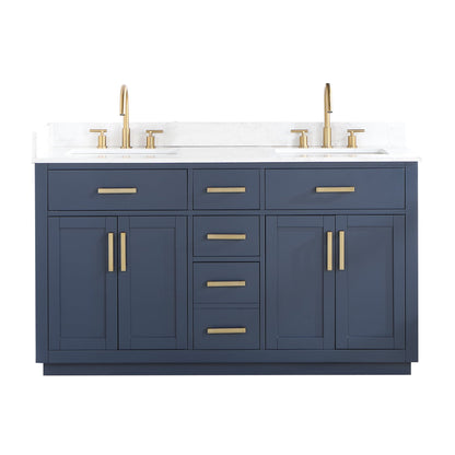 Gavino 60" Double Bathroom Vanity in Royal Blue with Grain White Engineered Stone Countertop without Mirror