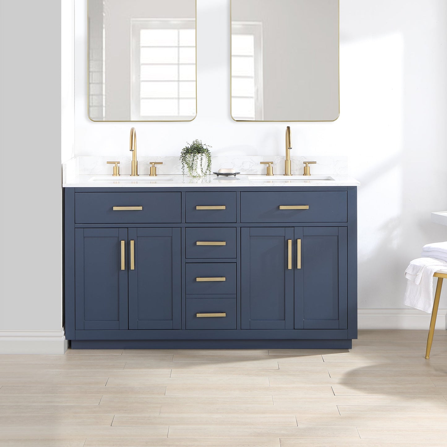 Gavino 60" Double Bathroom Vanity in Royal Blue with Grain White Engineered Stone Countertop without Mirror