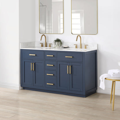 Gavino 60" Double Bathroom Vanity in Royal Blue with Grain White Engineered Stone Countertop without Mirror