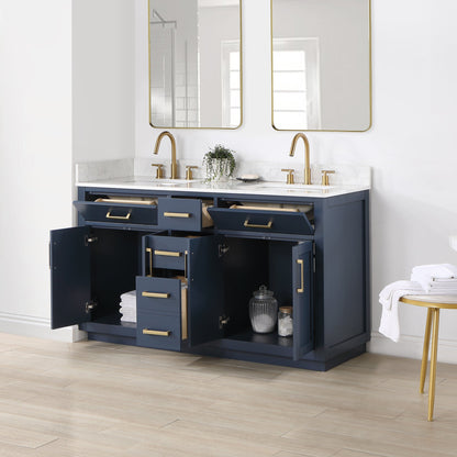 Gavino 60" Double Bathroom Vanity in Royal Blue with Grain White Engineered Stone Countertop without Mirror