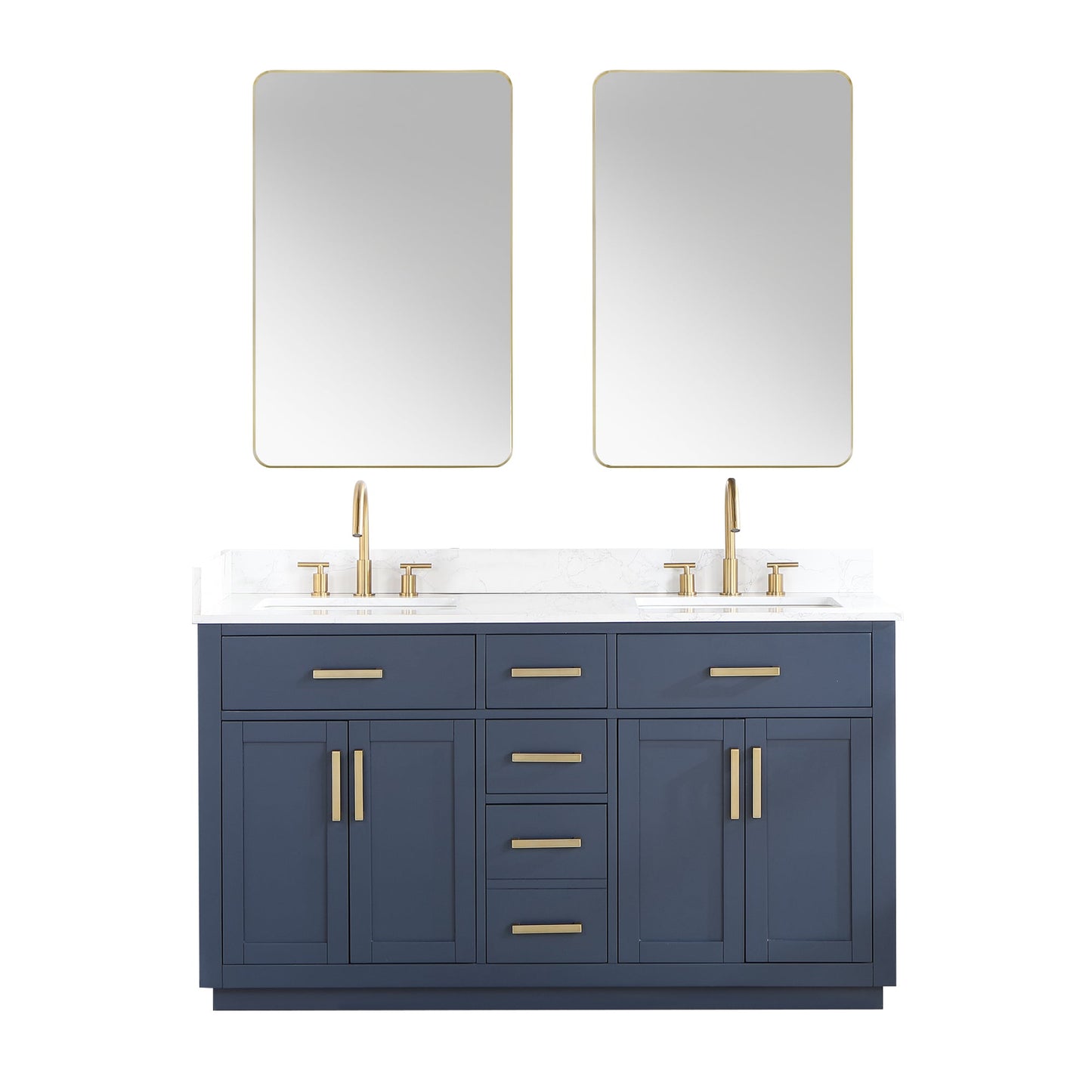 Gavino 60" Double Bathroom Vanity in Royal Blue with Grain White Engineered Stone Countertop with Mirror