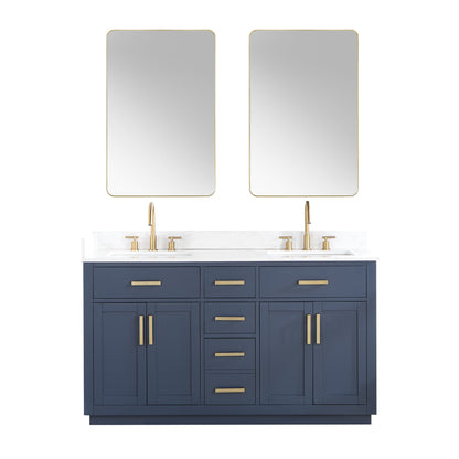 Gavino 60" Double Bathroom Vanity in Royal Blue with Grain White Engineered Stone Countertop with Mirror