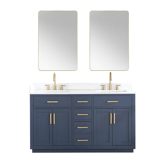 Gavino 60" Double Bathroom Vanity in Royal Blue with Grain White Engineered Stone Countertop with Mirror