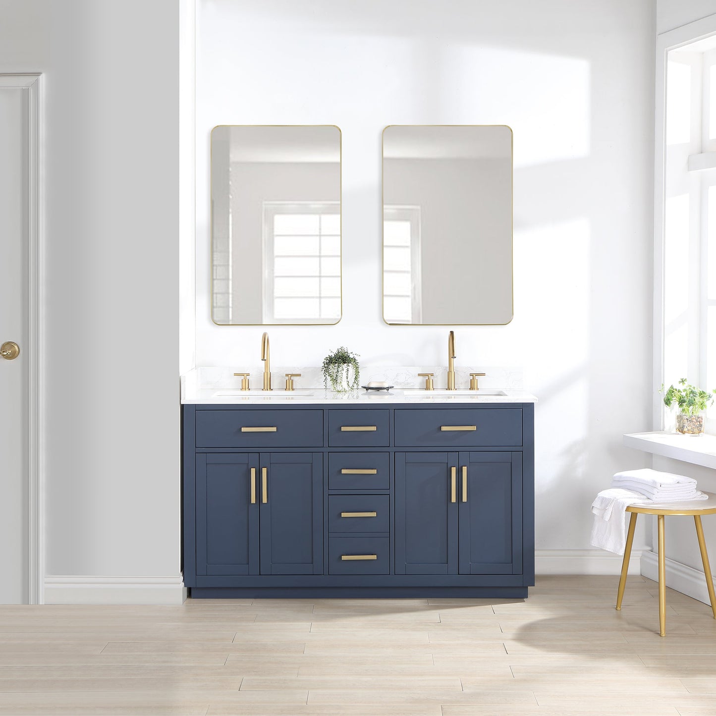 Gavino 60" Double Bathroom Vanity in Royal Blue with Grain White Engineered Stone Countertop with Mirror