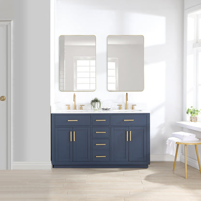 Gavino 60" Double Bathroom Vanity in Royal Blue with Grain White Engineered Stone Countertop with Mirror