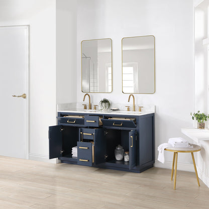 Gavino 60" Double Bathroom Vanity in Royal Blue with Grain White Engineered Stone Countertop with Mirror