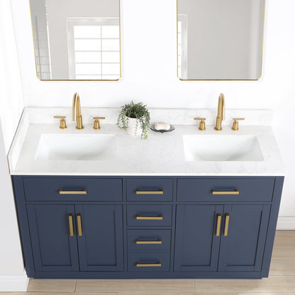 Gavino 60" Double Bathroom Vanity in Royal Blue with Grain White Engineered Stone Countertop with Mirror