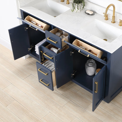 Gavino 60" Double Bathroom Vanity in Royal Blue with Grain White Engineered Stone Countertop with Mirror