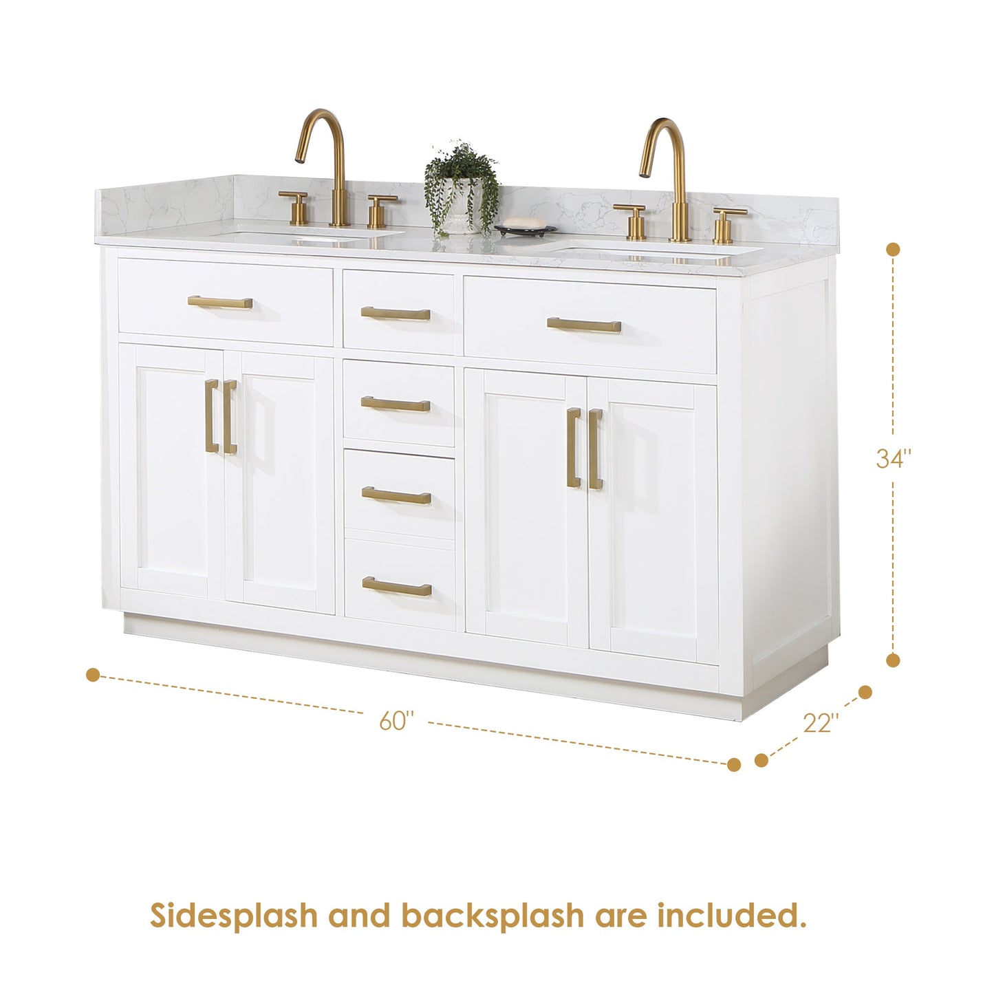 Gavino 60" Double Bathroom Vanity in White with Grain White Engineered Stone Countertop without Mirror