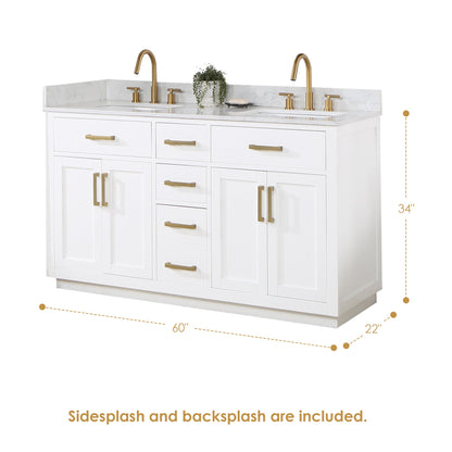 Gavino 60" Double Bathroom Vanity in White with Grain White Engineered Stone Countertop without Mirror
