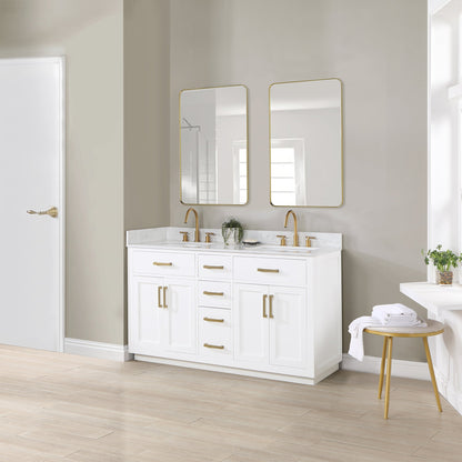 Gavino 60" Double Bathroom Vanity in White with Grain White Engineered Stone Countertop without Mirror