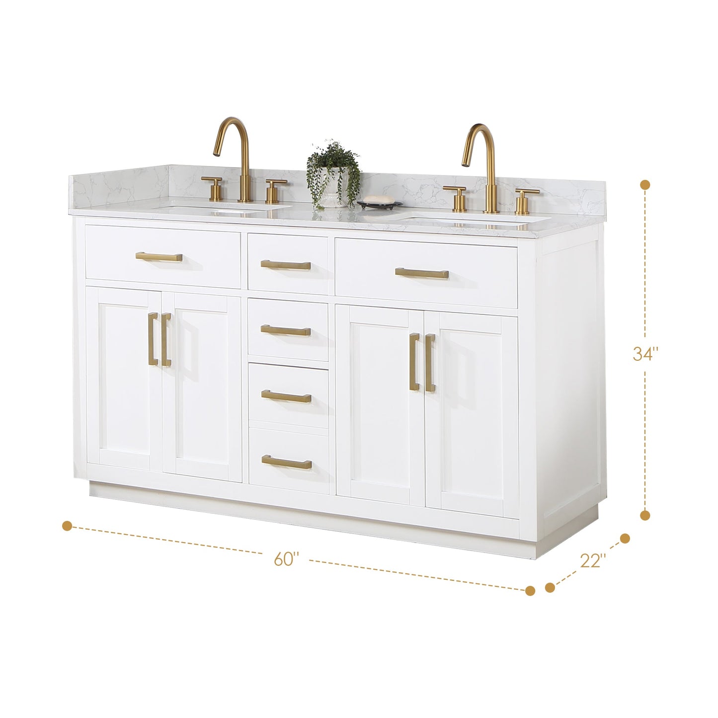 Gavino 60" Double Bathroom Vanity in White with Grain White Engineered Stone Countertop without Mirror