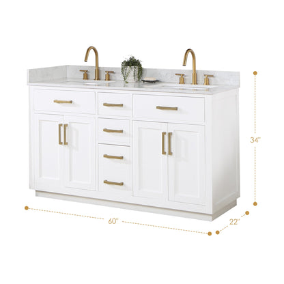 Gavino 60" Double Bathroom Vanity in White with Grain White Engineered Stone Countertop without Mirror