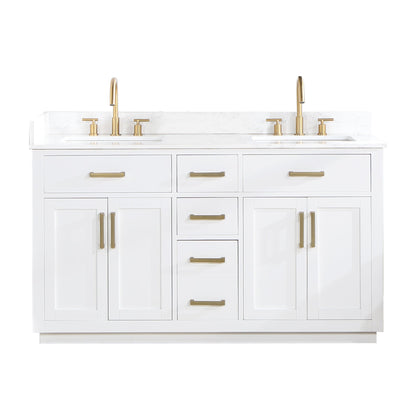 Gavino 60" Double Bathroom Vanity in White with Grain White Engineered Stone Countertop without Mirror