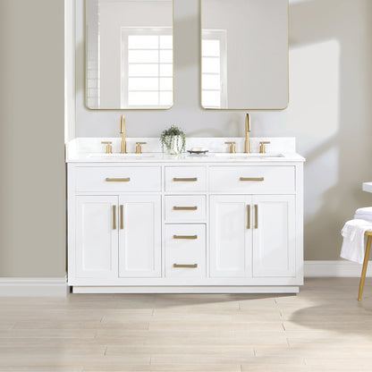 Gavino 60" Double Bathroom Vanity in White with Grain White Engineered Stone Countertop without Mirror