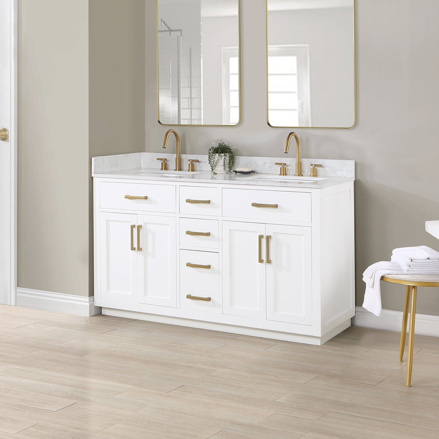Gavino 60" Double Bathroom Vanity in White with Grain White Engineered Stone Countertop without Mirror
