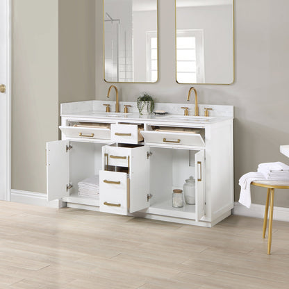 Gavino 60" Double Bathroom Vanity in White with Grain White Engineered Stone Countertop without Mirror