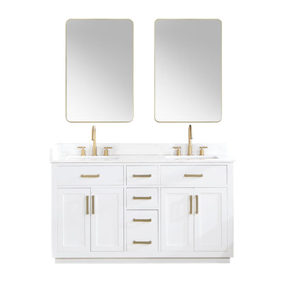 Gavino 60" Double Bathroom Vanity in White with Grain White Engineered Stone Countertop with Mirror