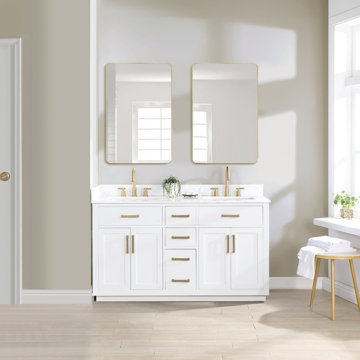Gavino 60" Double Bathroom Vanity in White with Grain White Engineered Stone Countertop with Mirror