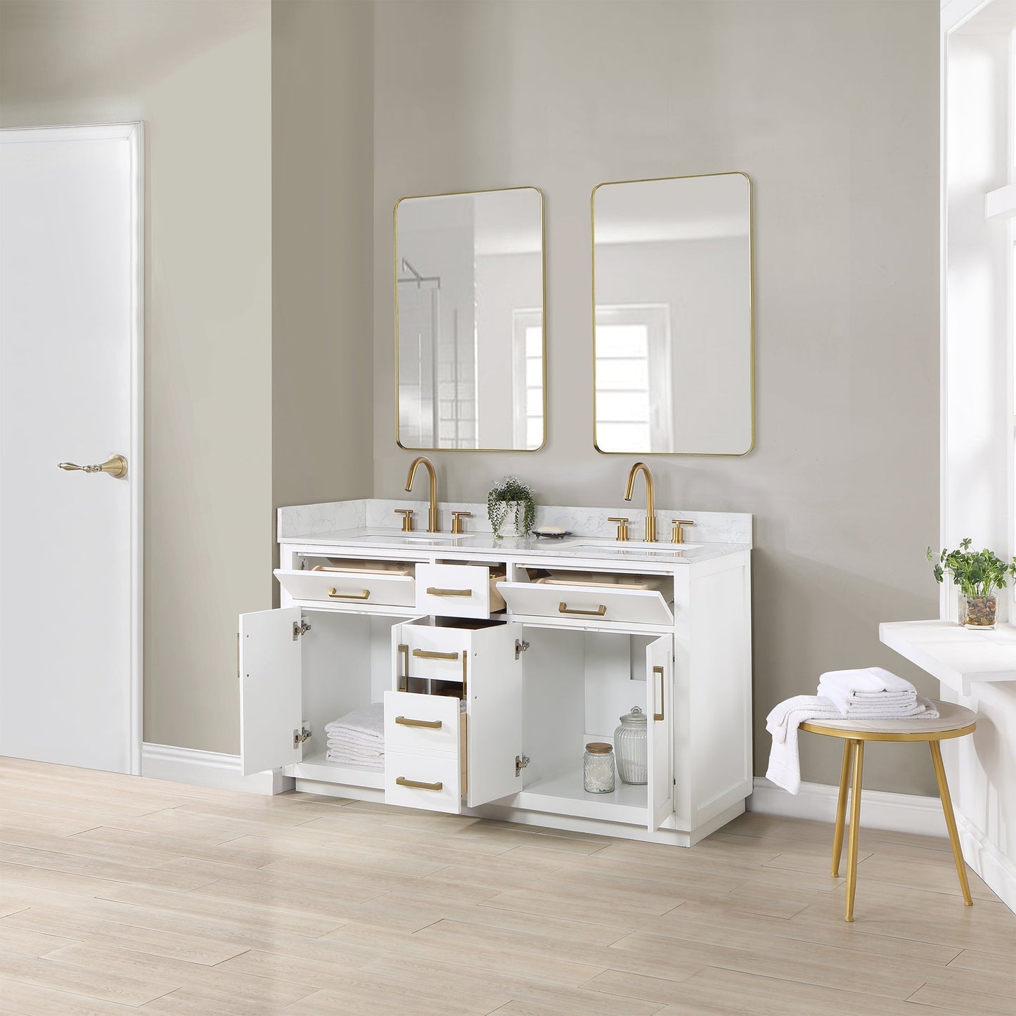 Gavino 60" Double Bathroom Vanity in White with Grain White Engineered Stone Countertop with Mirror