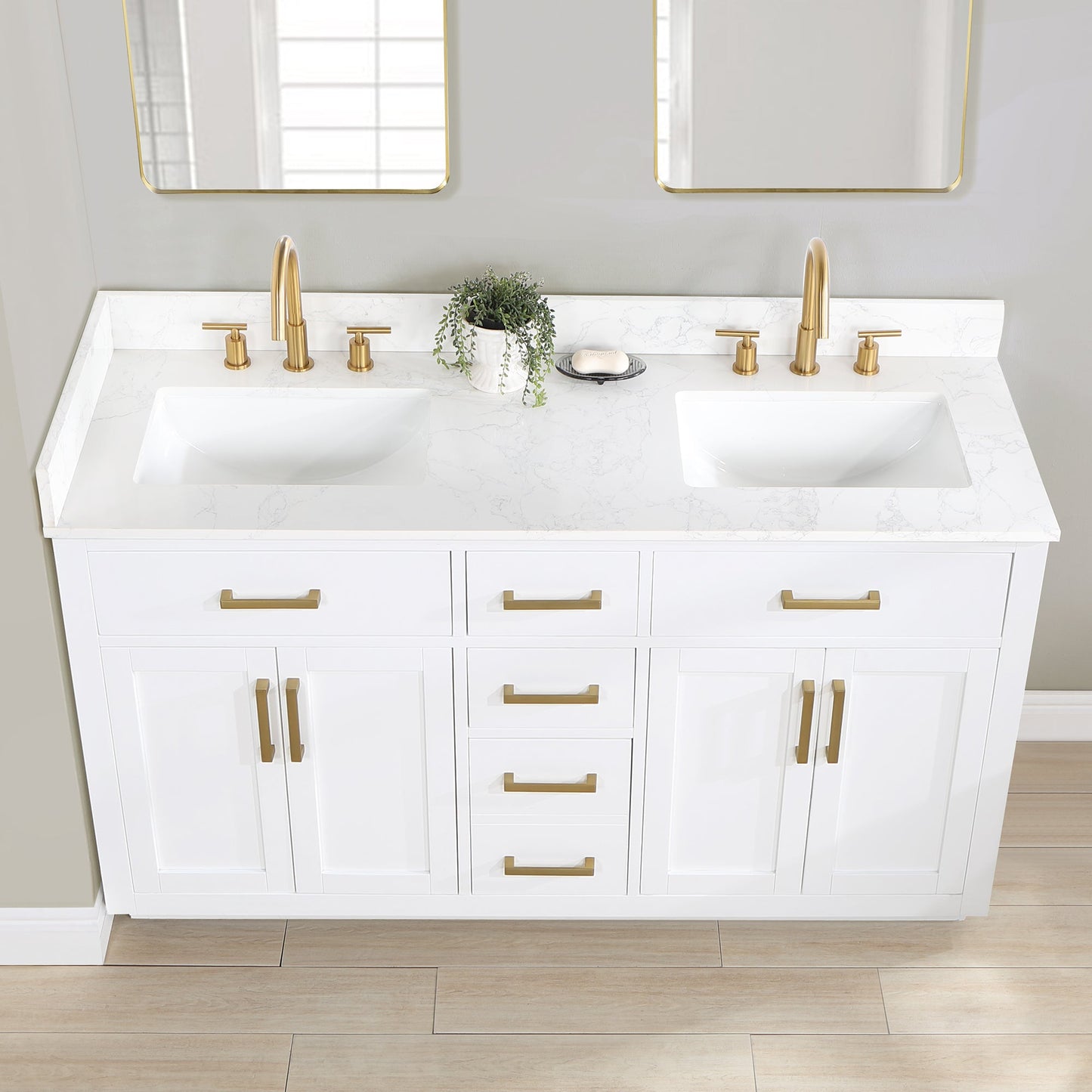 Gavino 60" Double Bathroom Vanity in White with Grain White Engineered Stone Countertop with Mirror