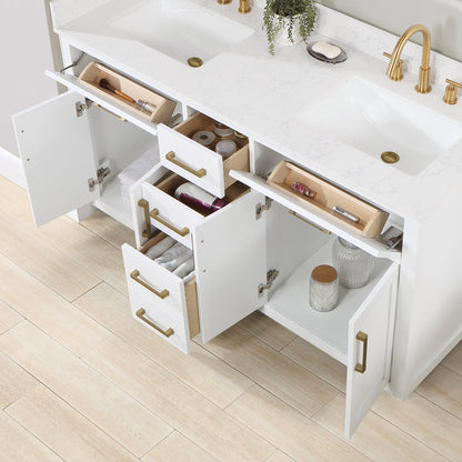 Gavino 60" Double Bathroom Vanity in White with Grain White Engineered Stone Countertop with Mirror