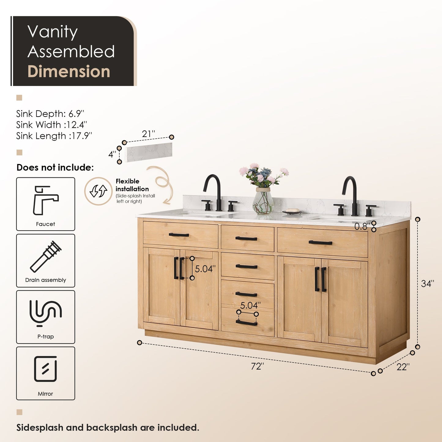 Gavino 72" Double Bathroom Vanity in Light Brown with Grain White Engineered Stone Countertop without Mirror