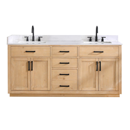Gavino 72" Double Bathroom Vanity in Light Brown with Grain White Engineered Stone Countertop without Mirror