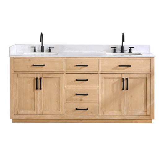 Gavino 72" Double Bathroom Vanity in Light Brown with Grain White Engineered Stone Countertop without Mirror
