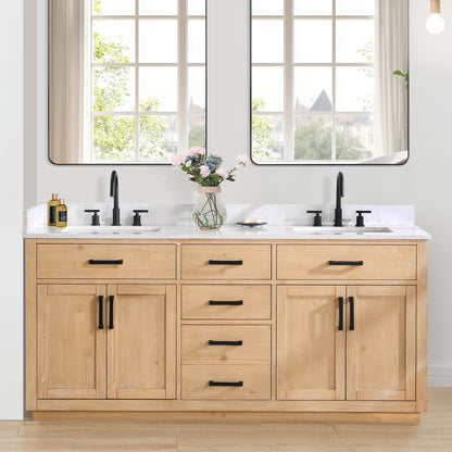 Gavino 72" Double Bathroom Vanity in Light Brown with Grain White Engineered Stone Countertop without Mirror